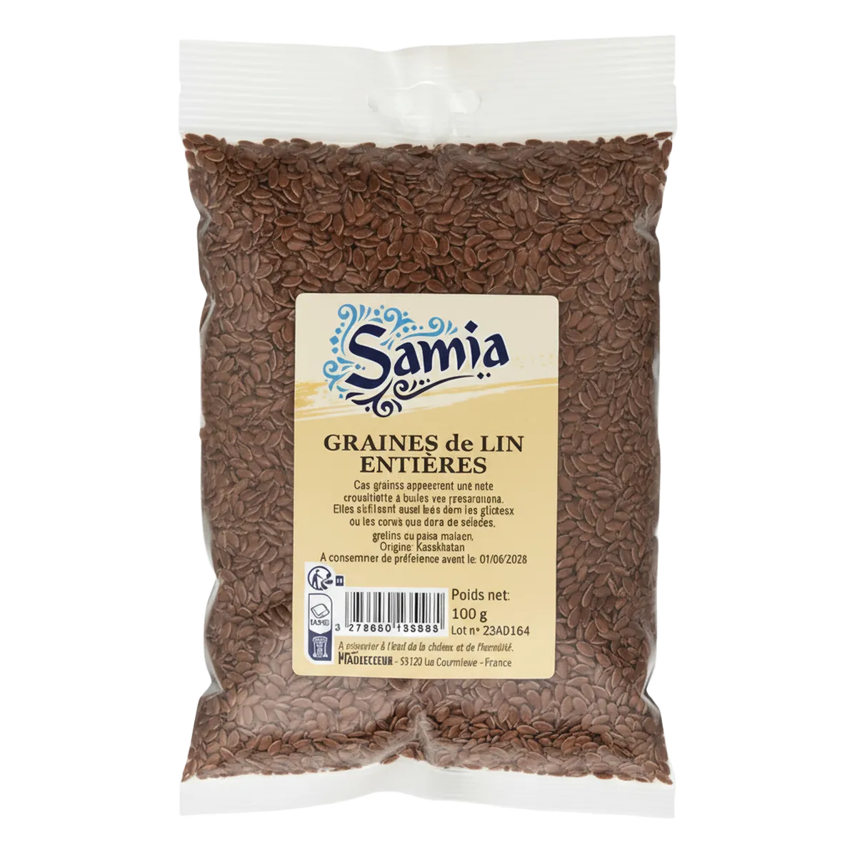 Graines de lin entières SAMIA en sachet de 100g, riches en nutriments, parfaites pour assaisonner vos plats dans l'épicerie salée.
