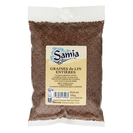 Graines de lin entières SAMIA en sachet de 100g, riches en nutriments, parfaites pour assaisonner vos plats dans l'épicerie salée.