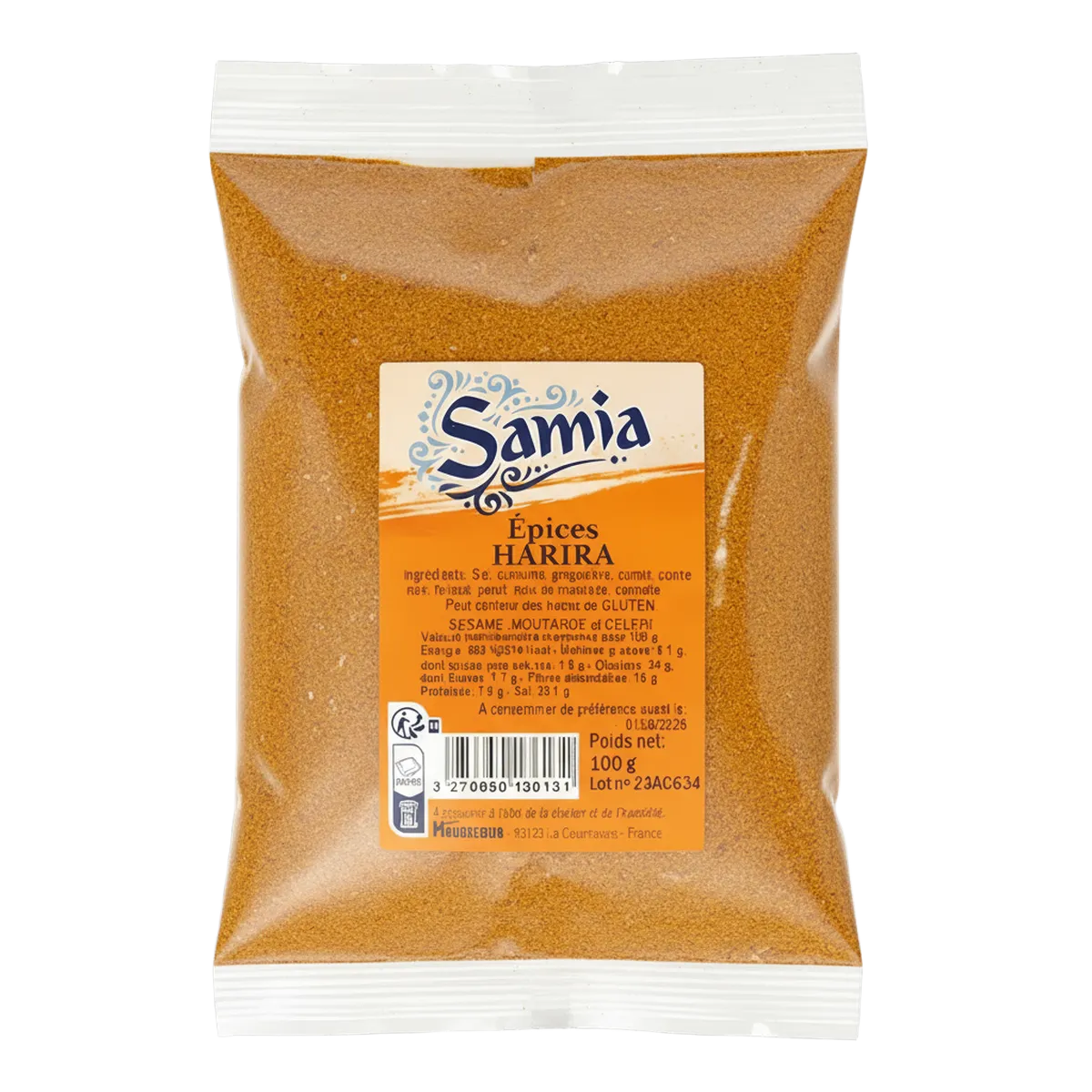 Epices pour harira SAMIA - Mélange Aromatique Parfait en sachet de 100g, idéal pour relever les plats traditionnels comme la soupe harira.