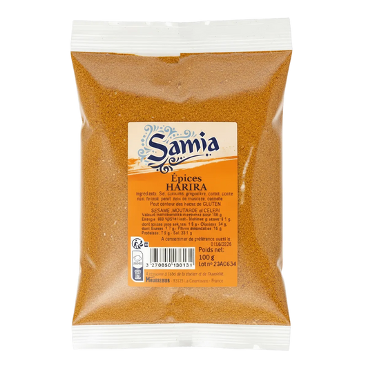Epices pour harira SAMIA - Mélange Aromatique Parfait en sachet de 100g, idéal pour relever les plats traditionnels comme la soupe harira.