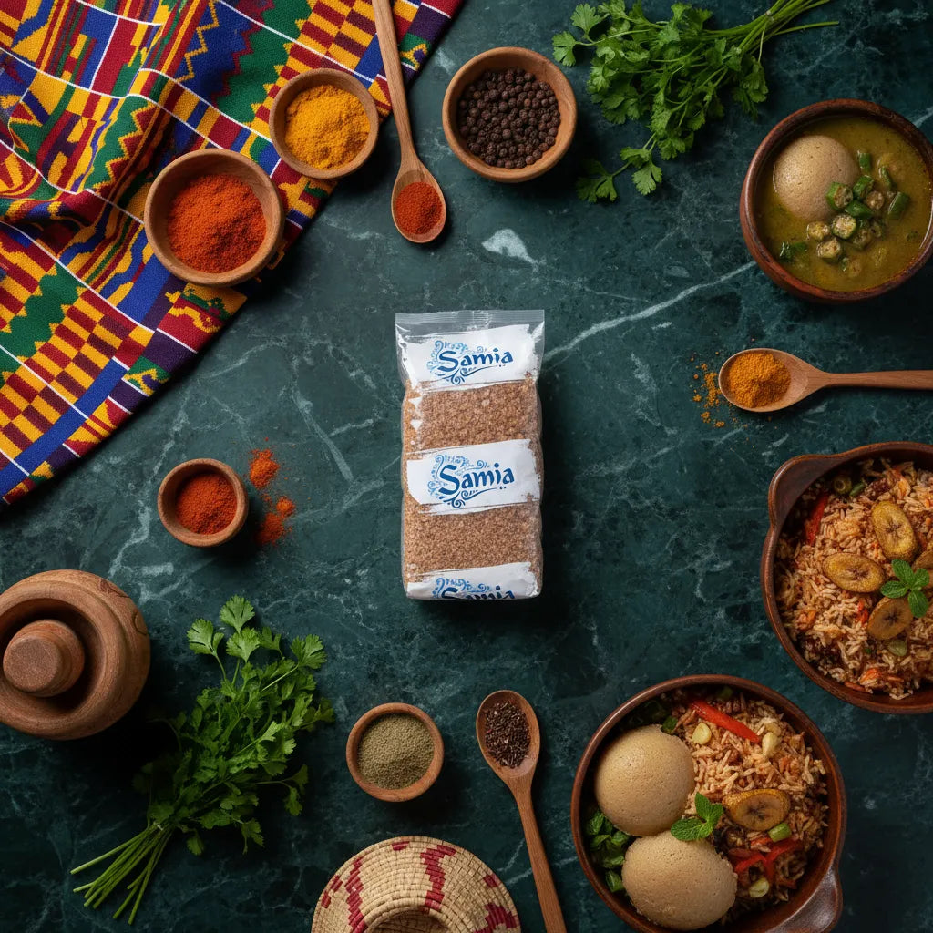 Sachet de boulgour brun gros SAMIA entouré d'ingrédients exotiques sur fond vert, parfait pour plats africains et orientaux à base de blé dur.