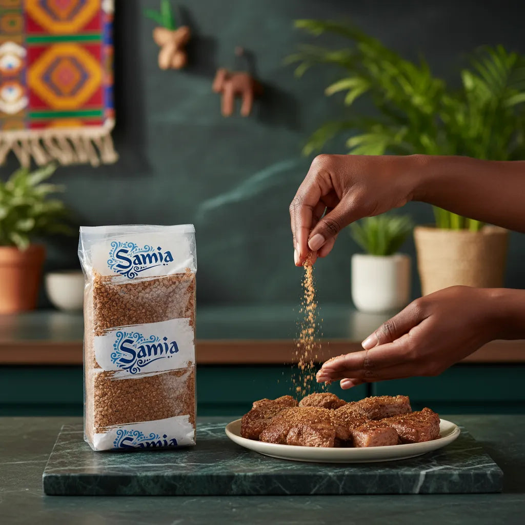 Main saupoudrant du boulgour brun gros SAMIA sur un plat cuisiné, illustrant sa texture riche et son usage en cuisine épicée et authentique.