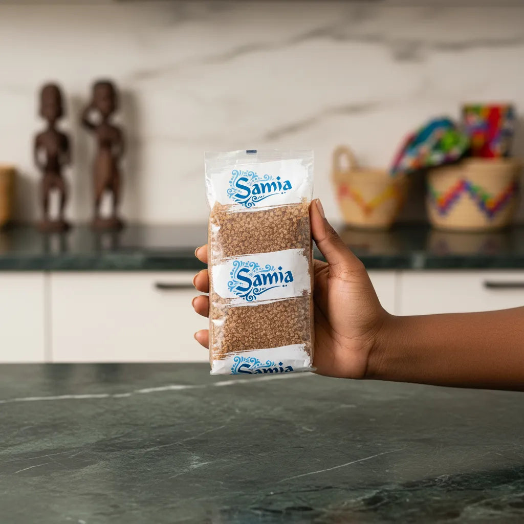 Main tenant un paquet de boulgour brun gros SAMIA dans une cuisine moderne, produit d'épicerie salée à base de blé dur complet.