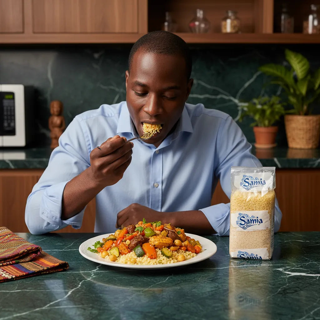 Homme dégustant un plat à base de boulgour gros SAMIA, idéal pour une cuisine savoureuse et pratique. Produit phare en grains.