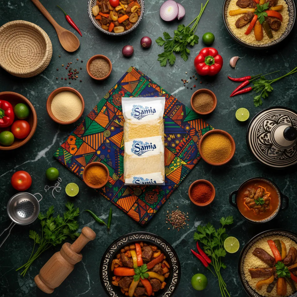 Boulgour gros SAMIA entouré d'ingrédients frais et épices sur une table, parfait pour recettes traditionnelles. Grain pratique et savoureux.