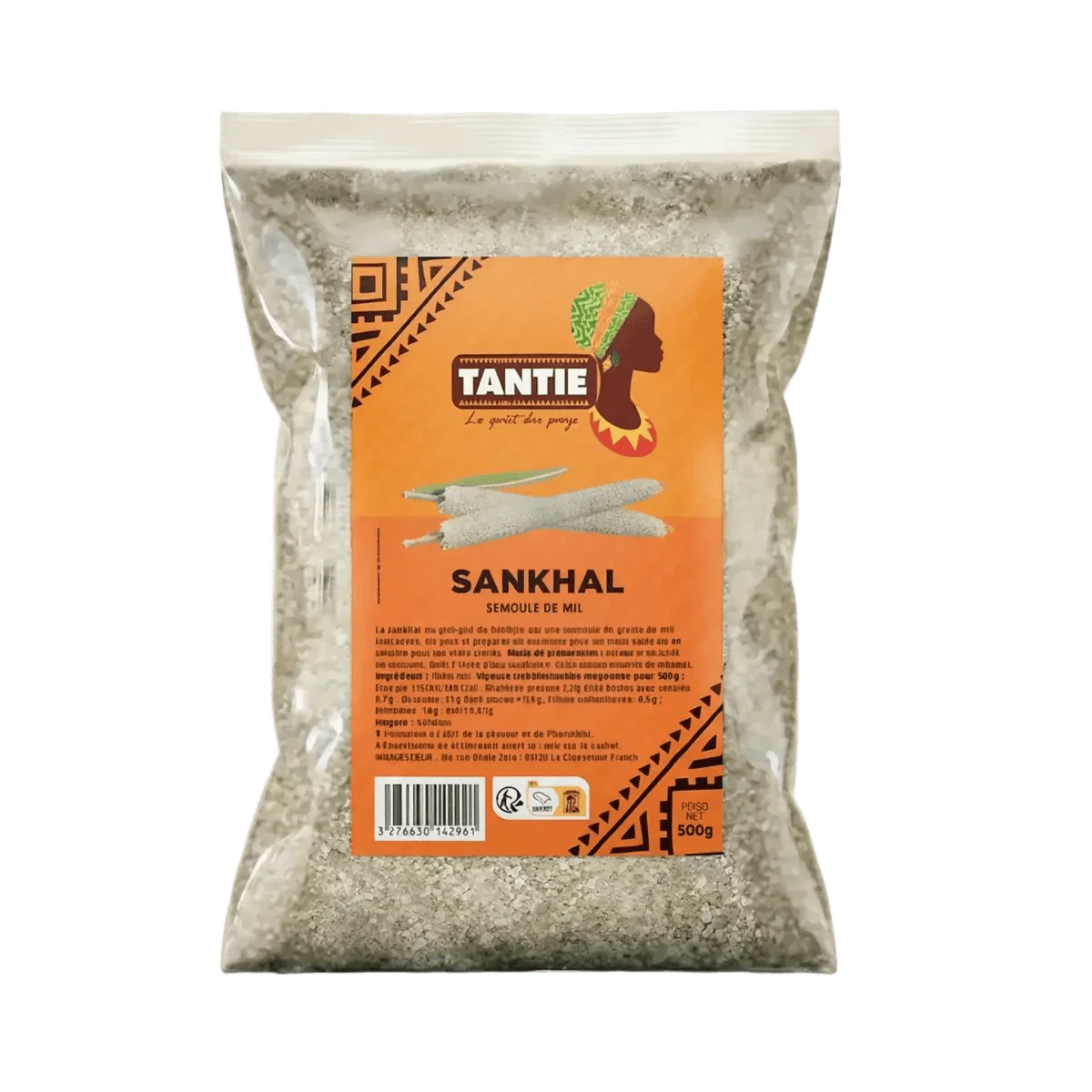 Sachet de Sankhal TANTIE, semoule de mil. Illustration africaine sur l'emballage.