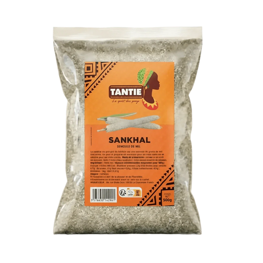 Sachet de Sankhal TANTIE, semoule de mil. Illustration africaine sur l'emballage.