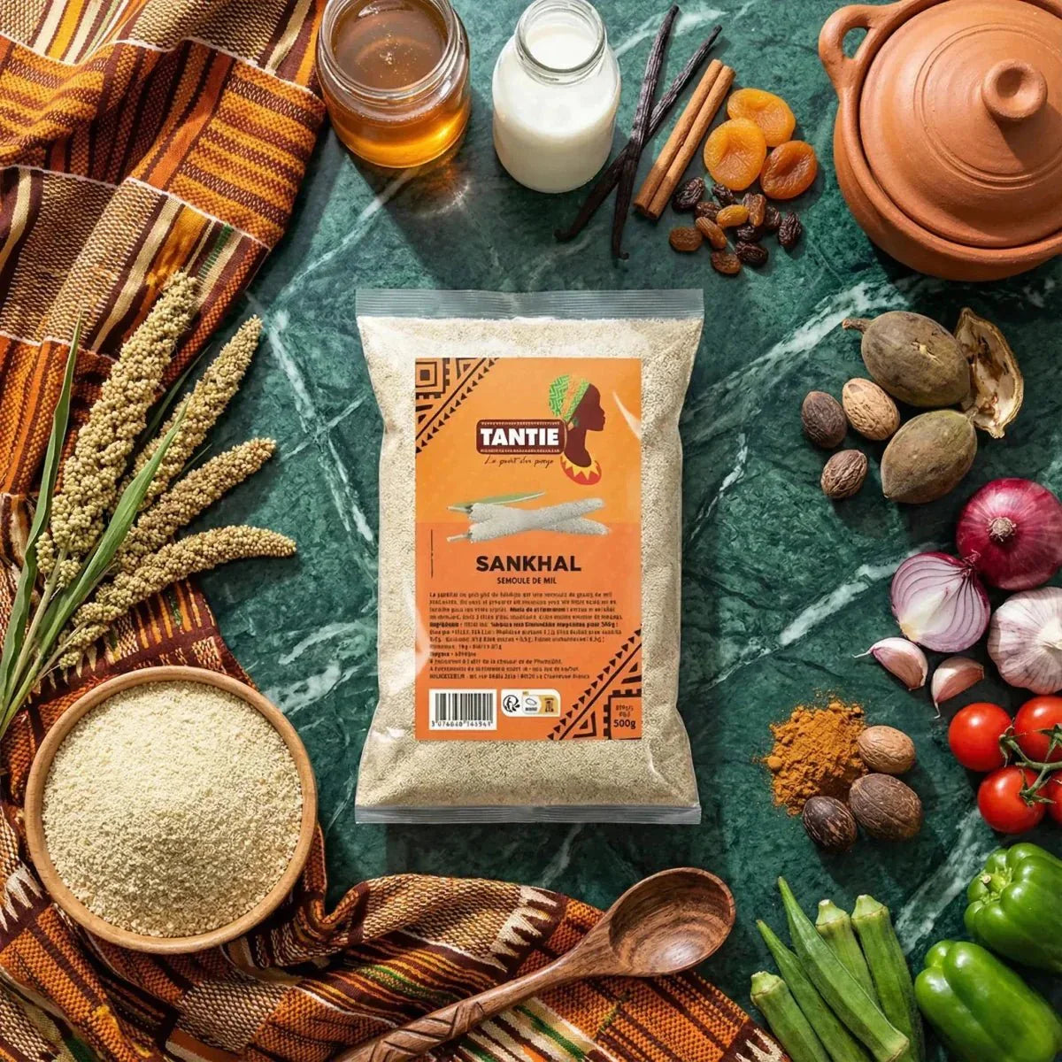 Sankhal TANTIE, millet semolina. Colorful culinary composition with ingredients around the package.