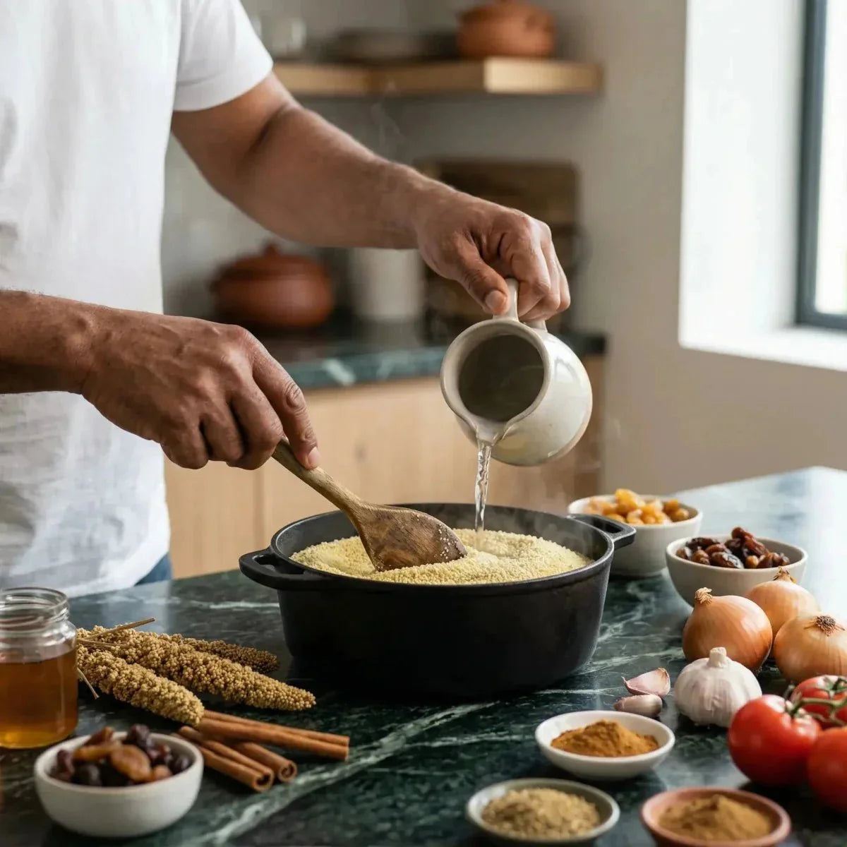 Sankhal TANTIE: Preparing couscous with added water. Fresh ingredients.