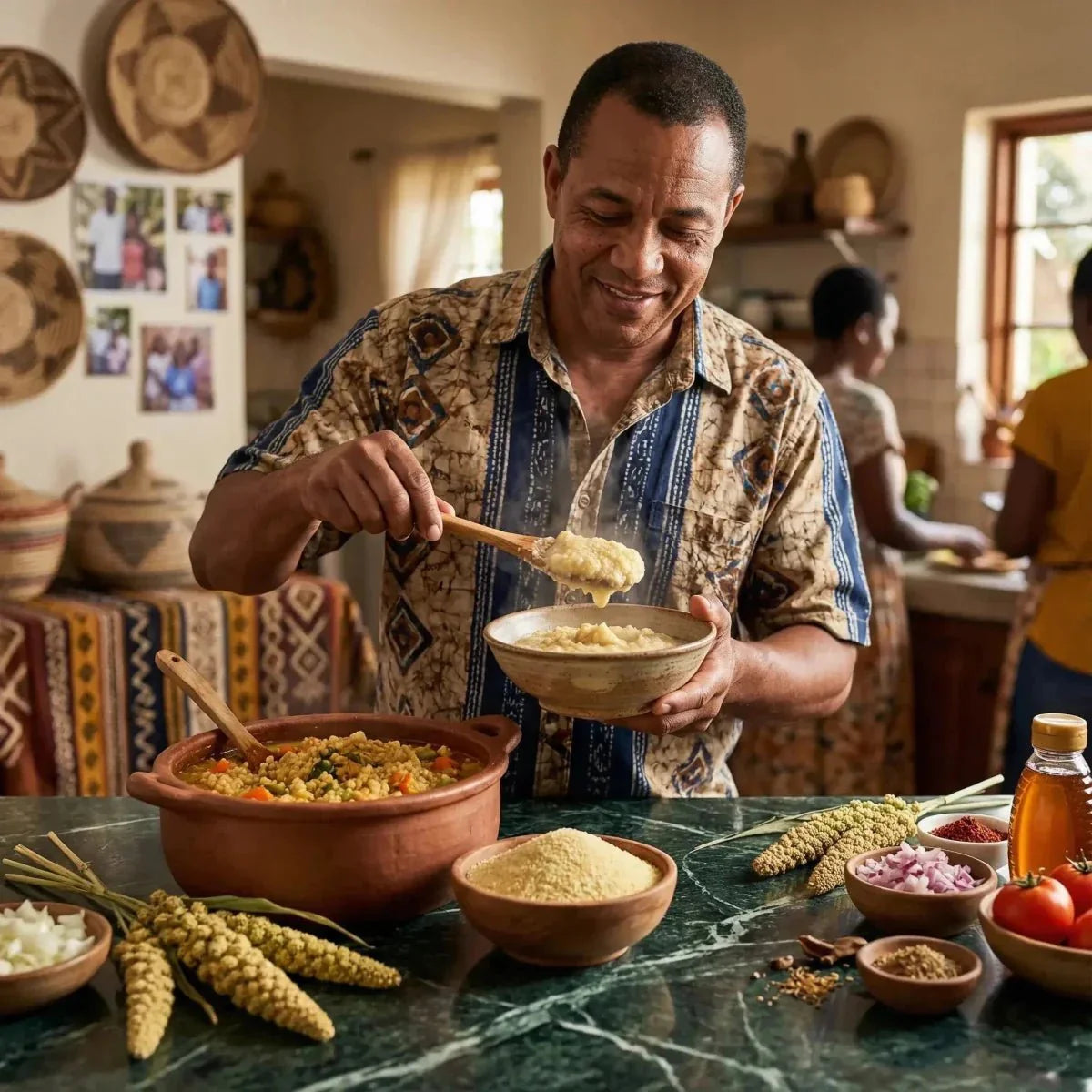 Sankhal TANTIE: Smiling man serving traditional African dish in a kitchen.
