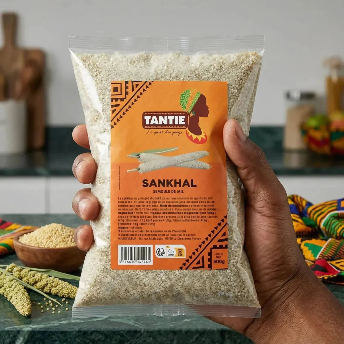Millet semolina, Sankhal, from TANTIE, presented in a transparent bag.