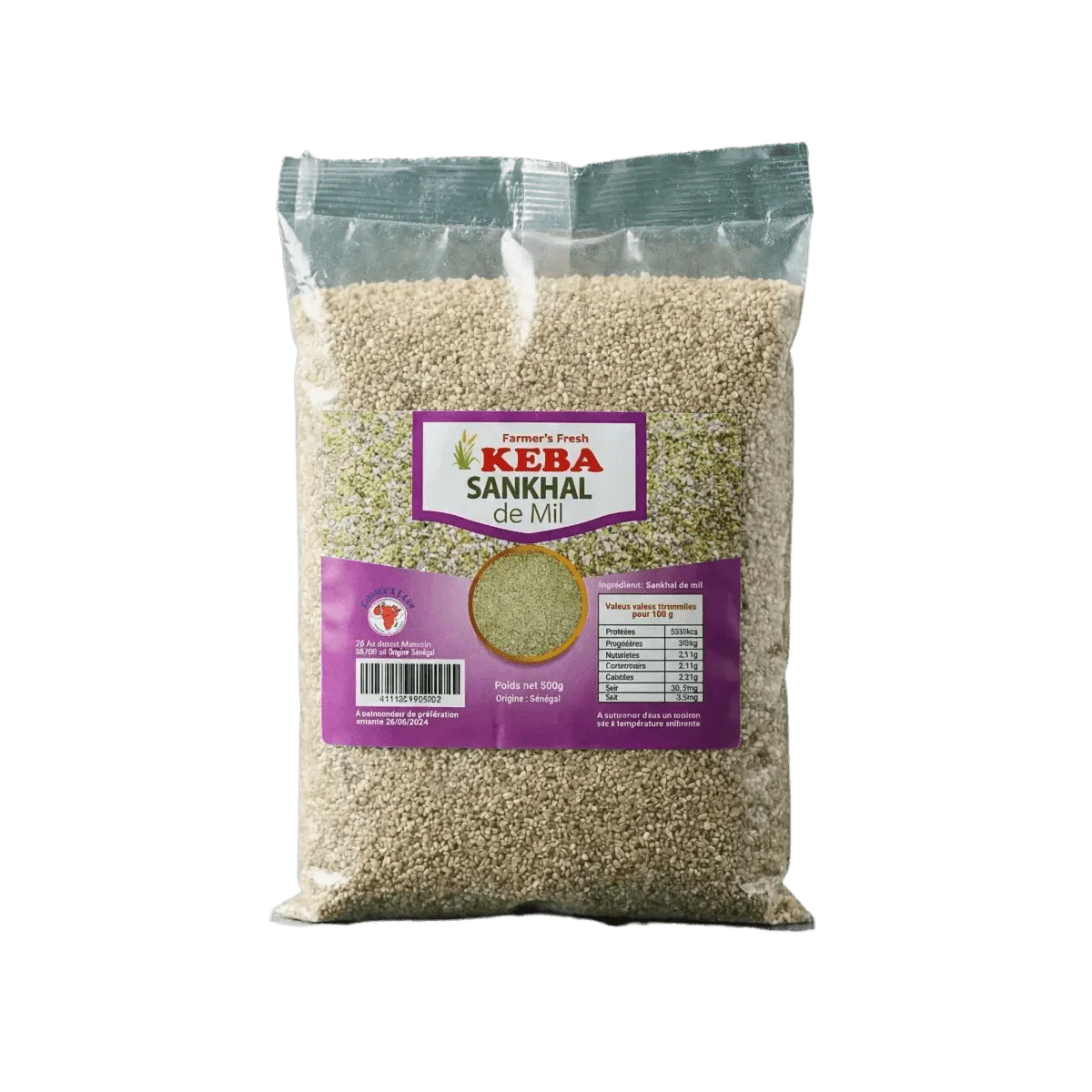 Sac de Sankhal de Mil Keba de Farmer's Fresh uni. L'emballage indique les ingrédients.