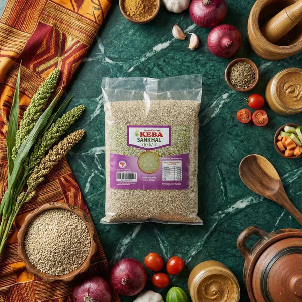 Sankhal de mil KEBA (500g) sur une table avec des épices, légumes et ustensiles.