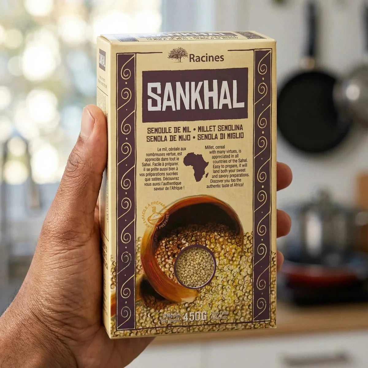 Sankhal, Getreide und Mehle der Marke Racines, präsentiert in seiner Kartonverpackung.