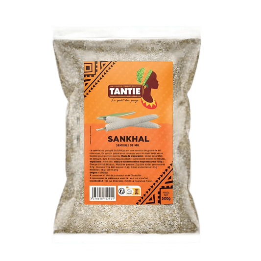 Sankhal TANTIE 500g en sachet transparent, semoule de mil traditionnelle pour plats africains, ÉPICERIE SALÉE - NKOSI.