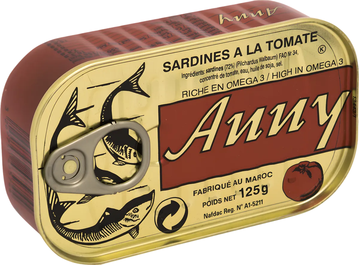 Boîte de sardines à la tomate ANNY 125g, conserve pratique riche en oméga 3, idéale pour l'épicerie salée et les plats rapides.