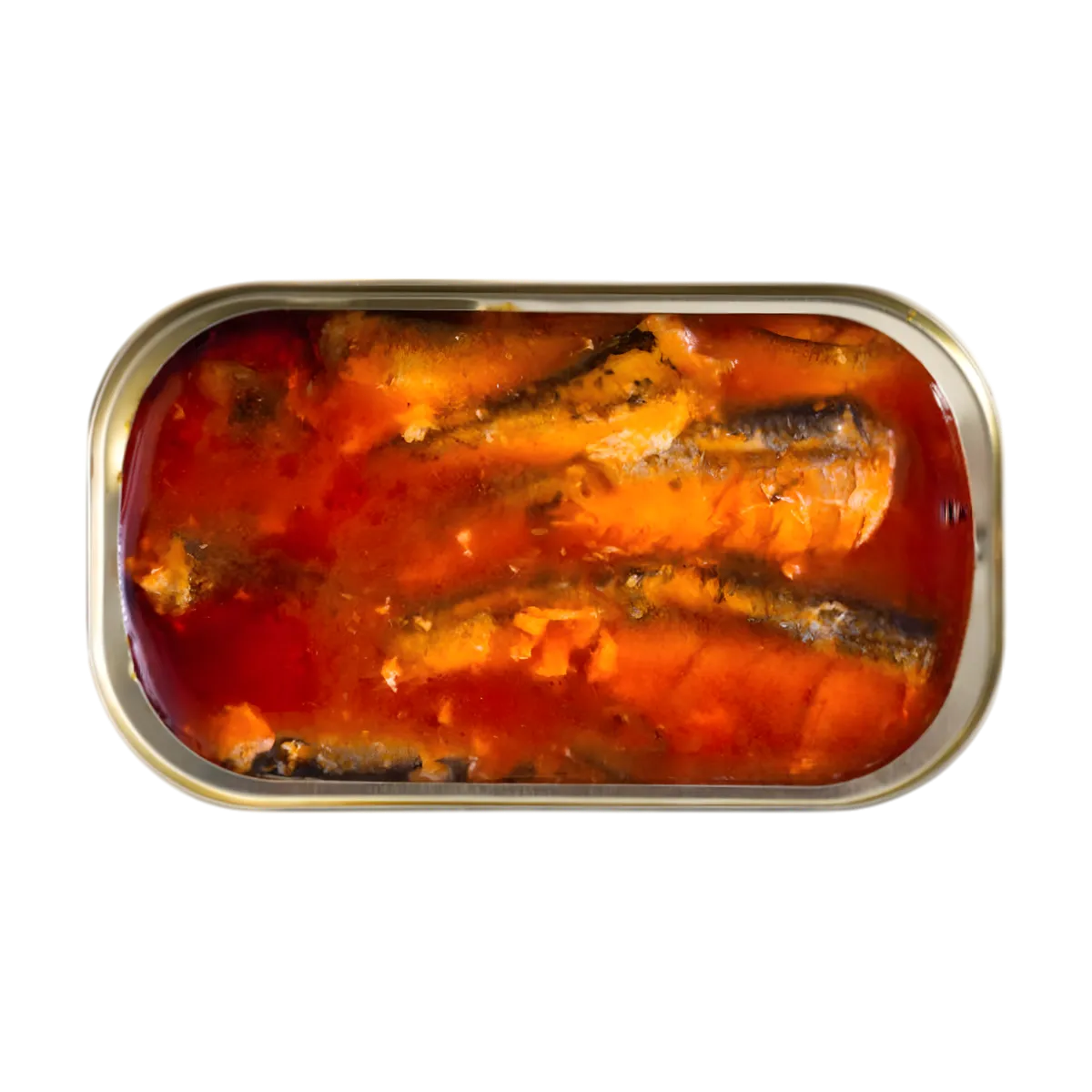 Vue intérieure d'une boîte de sardines ANNY dans une sauce tomate riche, produit de la catégorie épicerie salée en conserve.