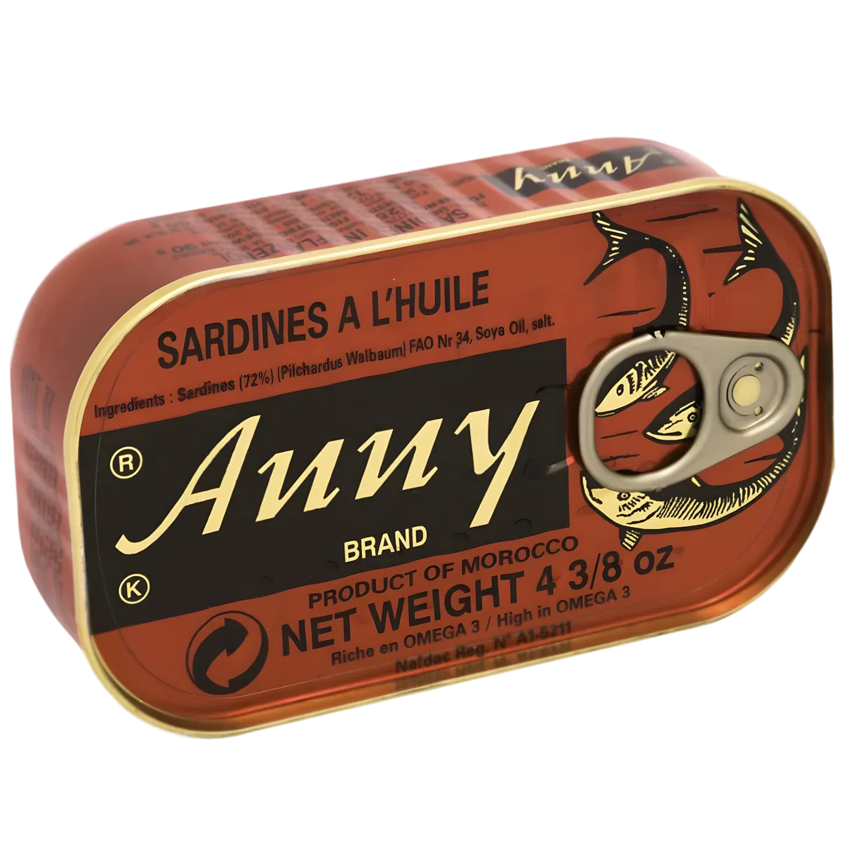 Boîte de sardines à l'huile ANNY fermée, étiquette rouge avec logo doré, idéale pour l'épicerie salée et plats méditerranéens.