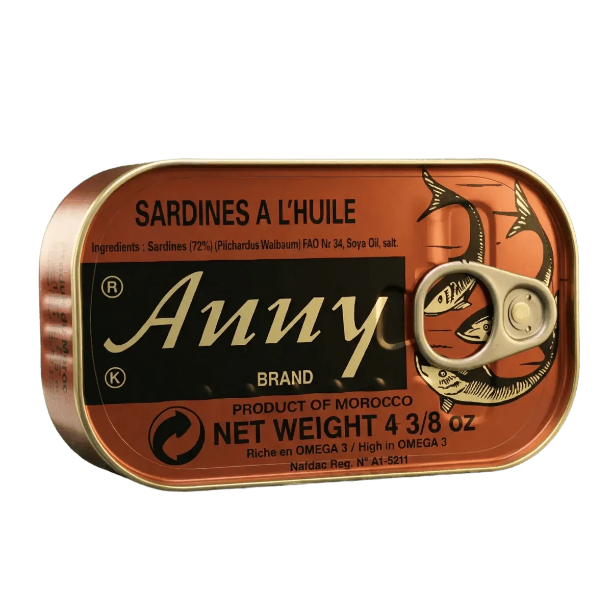 Blik sardines in olie Anny van 125g, product uit Marokko.