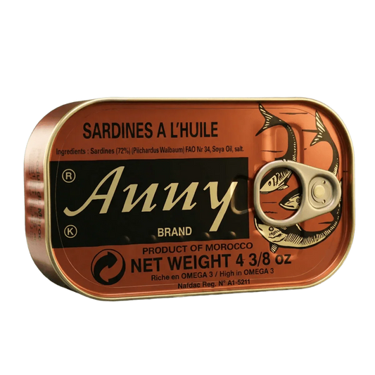Blik sardines in olie Anny van 125g, product uit Marokko.