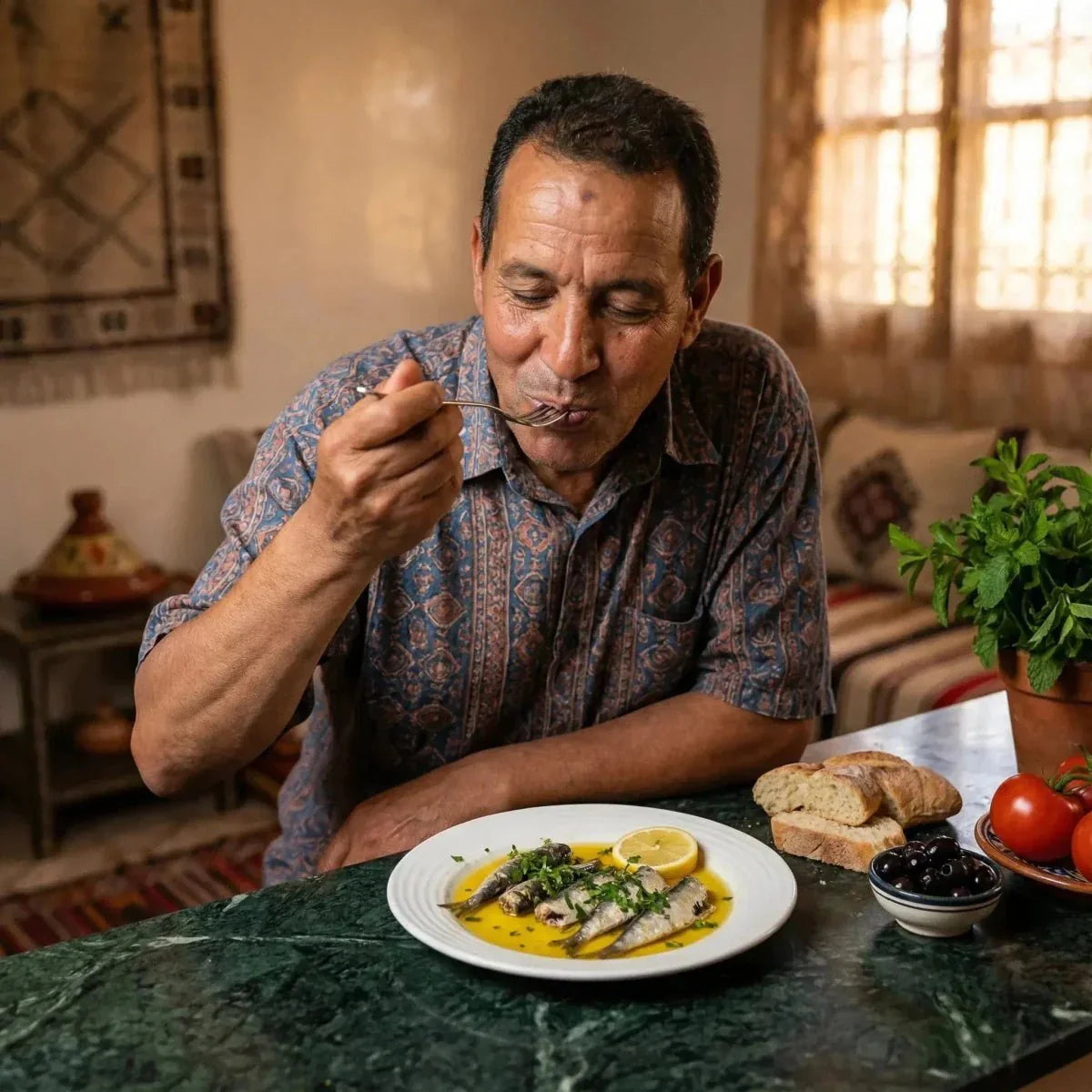 ANNY Sardines in oil 125g. A man enjoys sardines with bread and olives.