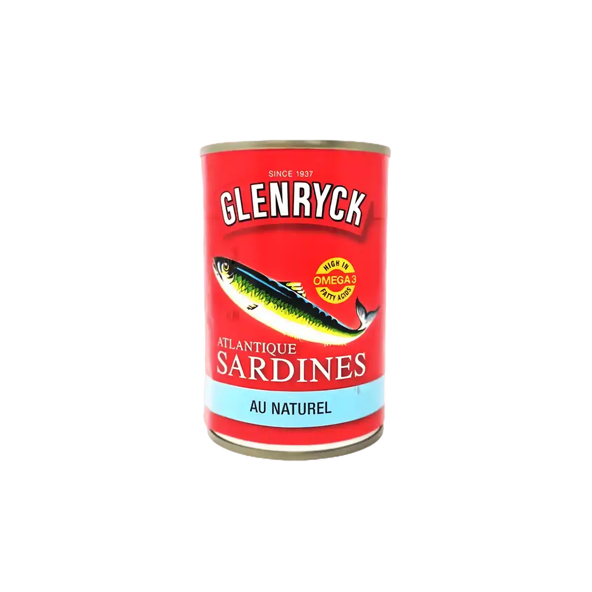 Boîte de sardines Glenryc naturelles au design rouge vif, riche en oméga-3, idéale pour l'épicerie salée et les produits de la mer en conserve.