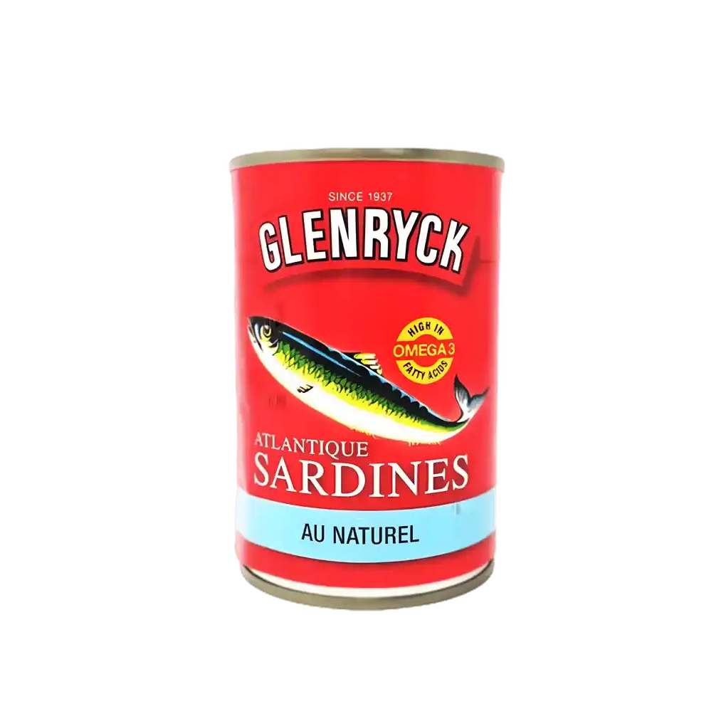 Boîte de sardines Glenryc naturelles au design rouge vif, riche en oméga-3, idéale pour l'épicerie salée et les produits de la mer en conserve.