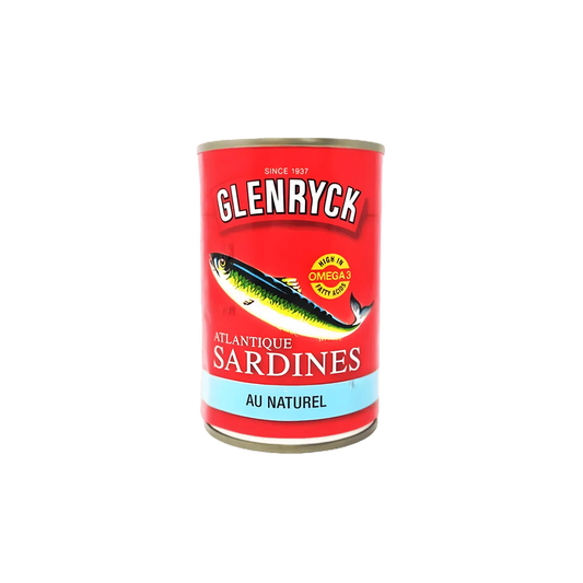 Boîte de sardines au naturel Glenryc RACINES avec étiquette rouge, riche en oméga 3, idéale pour l'épicerie salée - NKOSI.