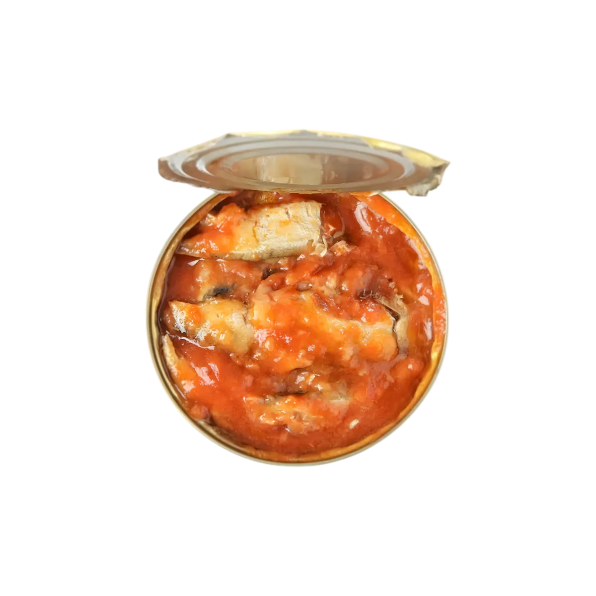 Vue de l'intérieur d'une boîte de sardines Pilchard GLENRYCK à la sauce tomate, poisson tendre et savoureux prêt à consommer.