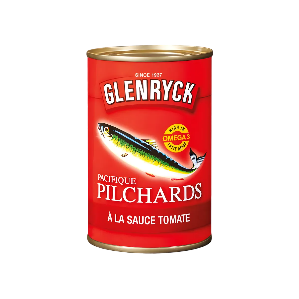 Boîte de sardines Pilchard Glenryck à la sauce tomate, riche en oméga 3. Produit d'épicerie salée pratique pour repas rapides.