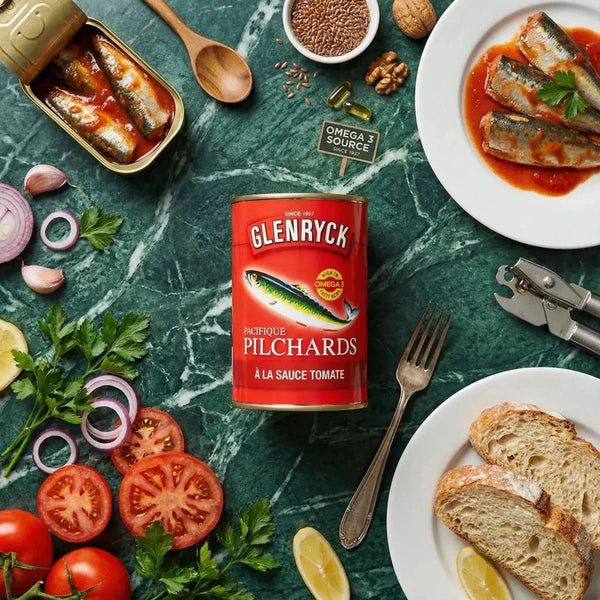 GLENRYCK Pilchard Sardines in tomato sauce displayed on a table with tomatoes.