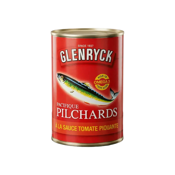 Sardines Pilchard à la sauce tomate piquante GLENRYCK - vue alternative packaging | Épicerie africaine NKOSI