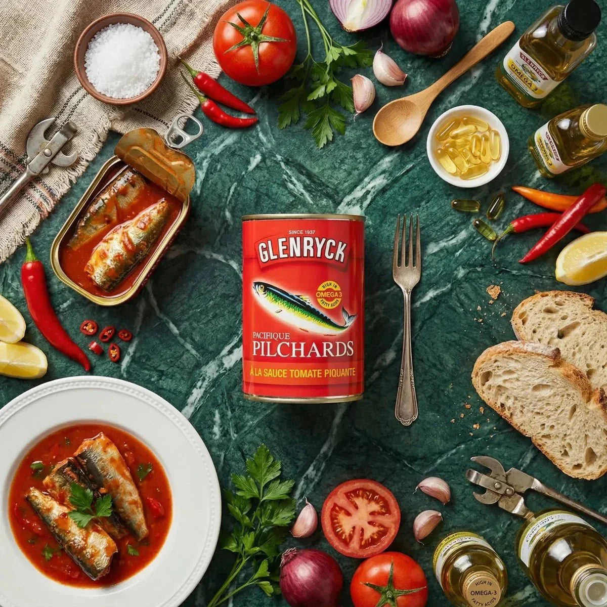Pilchard sardines in spicy tomato sauce by Glenryck, arranged with fresh tomatoes.