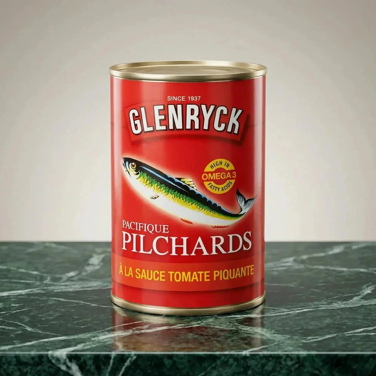 Box of Glenryck pilchards in spicy tomato sauce, with a fish illustration.