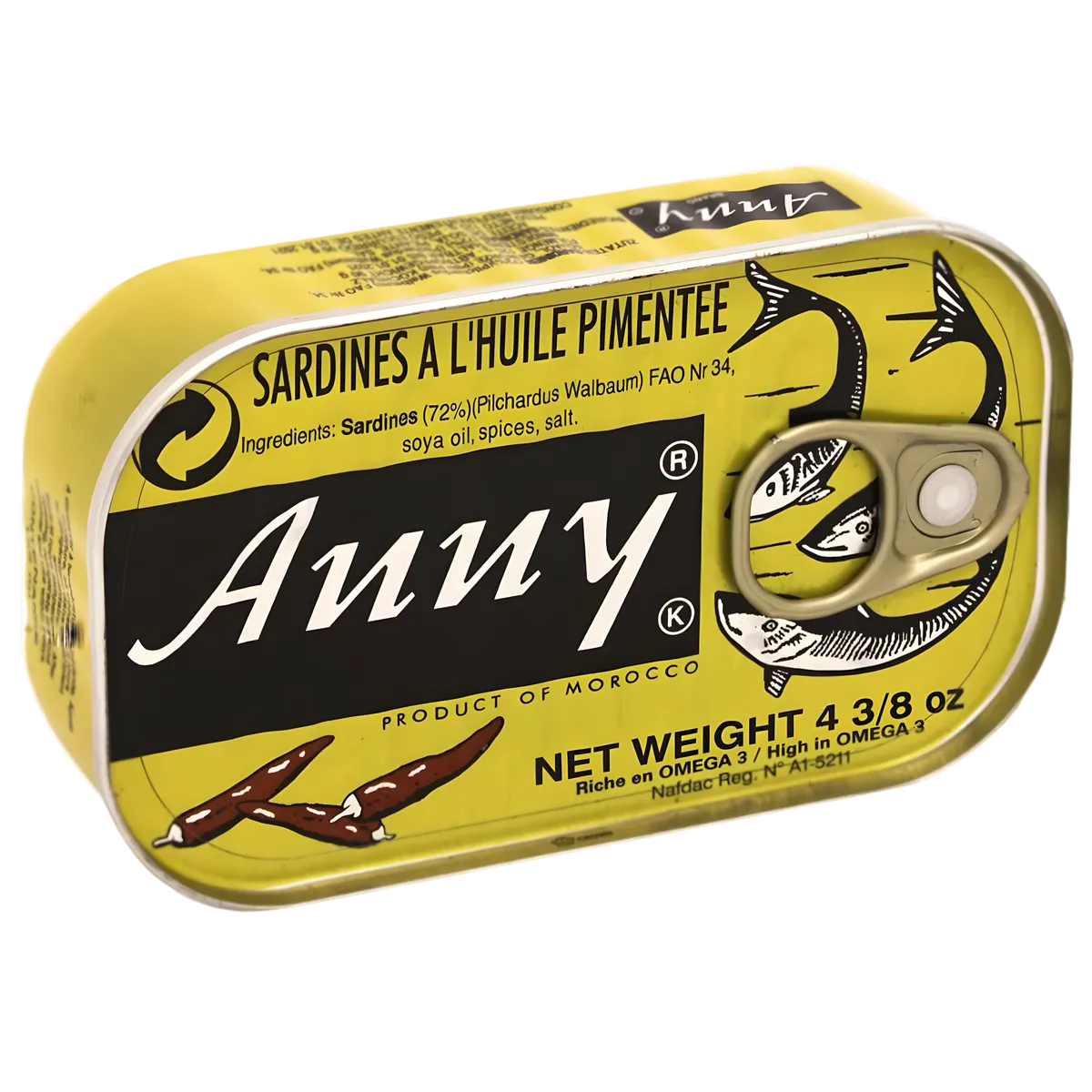 Boîte de sardines épicées ANNY à l'huile pimentée, 125g, avec illustration de poissons et piments rouges. Produit d'épicerie salée marocain.