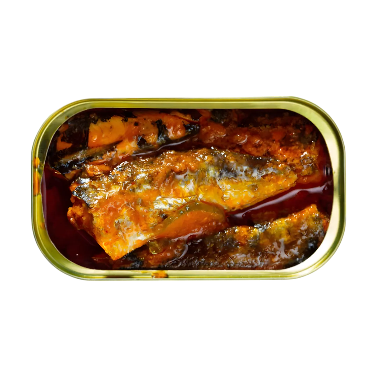 Vue rapprochée de sardines épicées ANNY dans leur sauce pimentée, révélant une texture savoureuse et une préparation riche en goût.