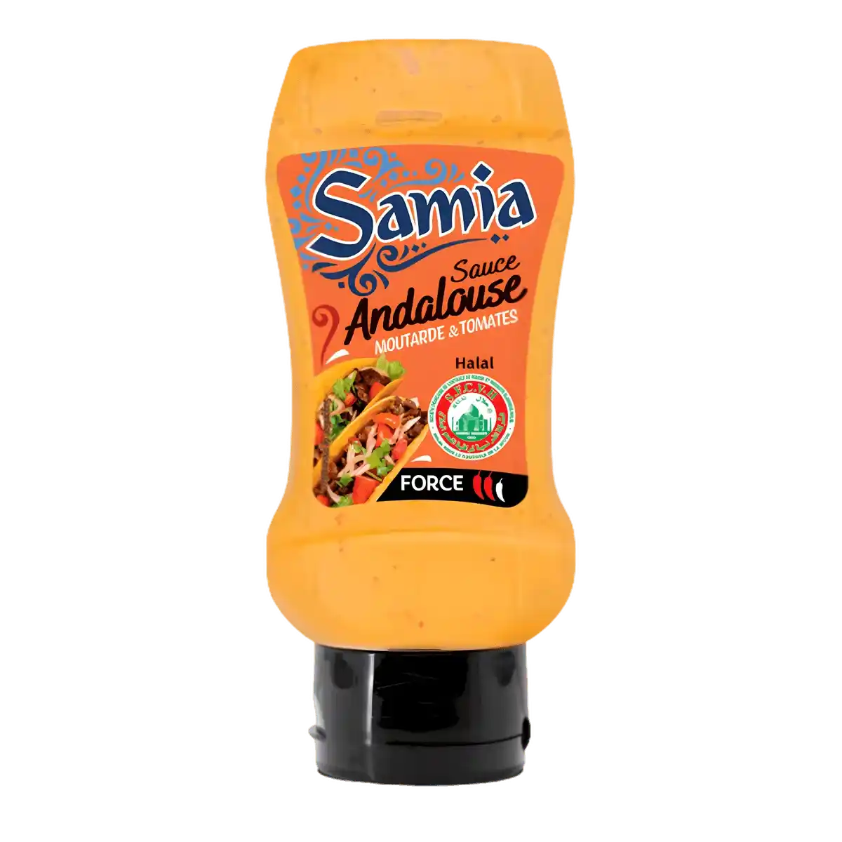 Sauce Andalouse Halal SAMIA en flacon souple, texture crémeuse à base de moutarde et tomates, idéale pour accompagner divers plats.