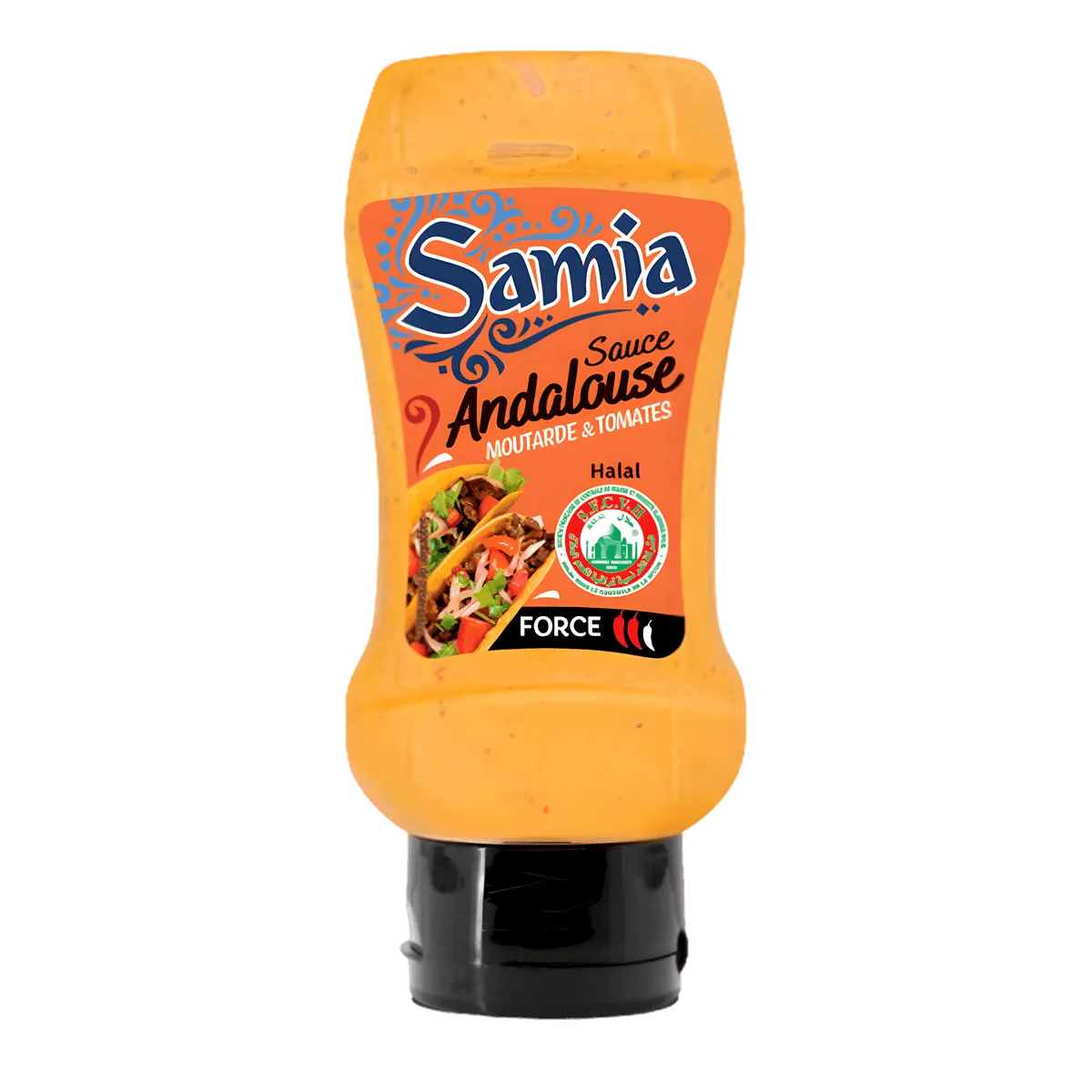 Sauce Andalouse halal SAMIA en flacon souple, idéale pour assaisonner vos plats avec une touche épicée. Catégorie HUILE, CONDITIONNEMENT, ÉPICES - NKOSI.