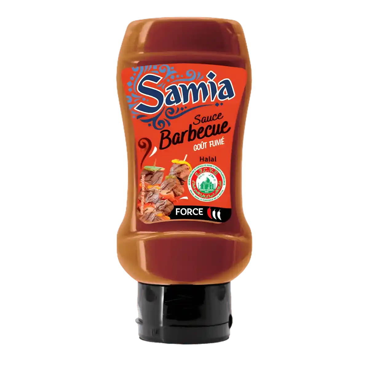 Sauce barbecue halal SAMIA goût fumé en bouteille souple, idéale pour grillades et marinades. Condiment pratique au format squeezable.