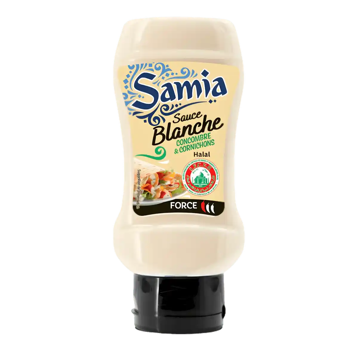 Sauce blanche halal SAMIA en bouteille souple, texture crémeuse, idéale pour kebabs et sandwichs. Condiment certifié halal aux cornichons.