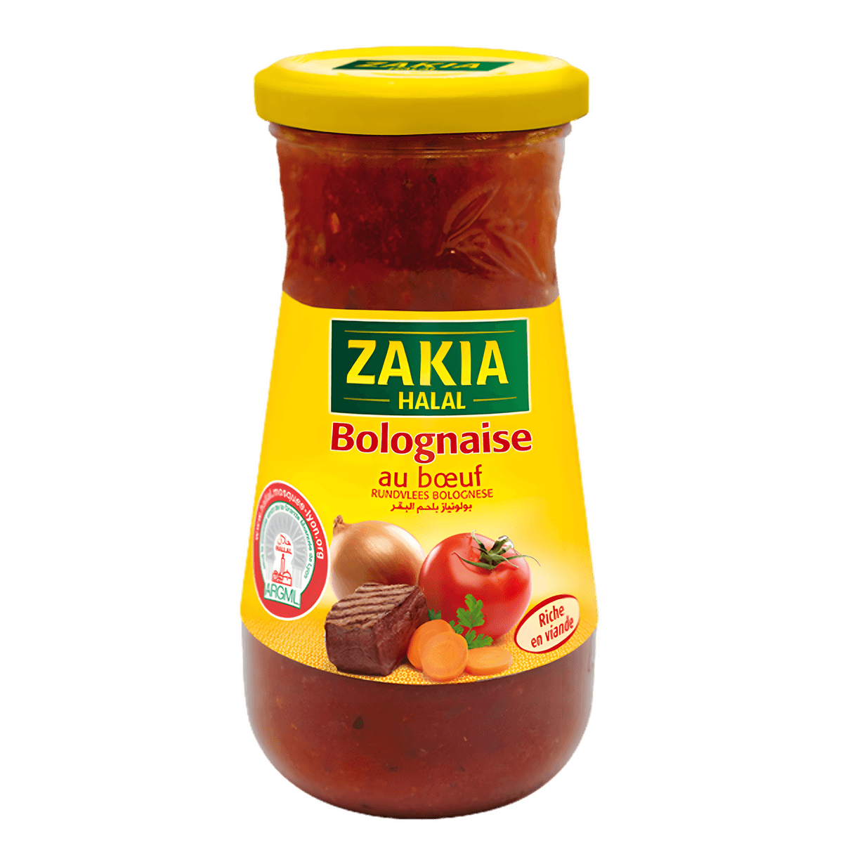 Sauce bolognaise halal ZAKIA en bocal avec étiquette jaune, idéale pour les plats de pâtes. Produit de la gamme HUILE, CONDITIONNEMENT, ÉPICES - NKOSI.