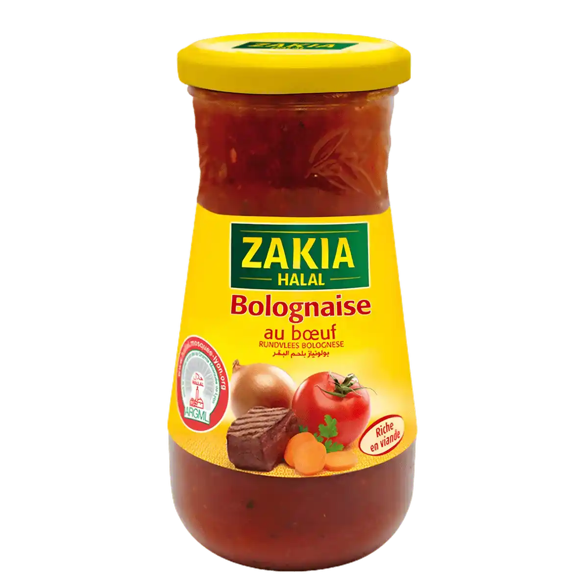 Sauce Bolognaise Halal ZAKIA au bœuf, pot en verre avec étiquette jaune, riche en viande, idéale pour les plats de pâtes savoureux.