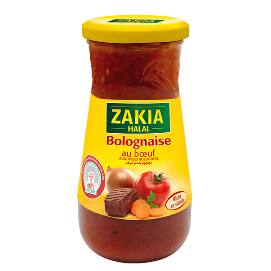 Sauce bolognaise halal ZAKIA en bocal avec étiquette jaune, idéale pour les plats de pâtes. Produit de la gamme HUILE, CONDITIONNEMENT, ÉPICES - NKOSI.