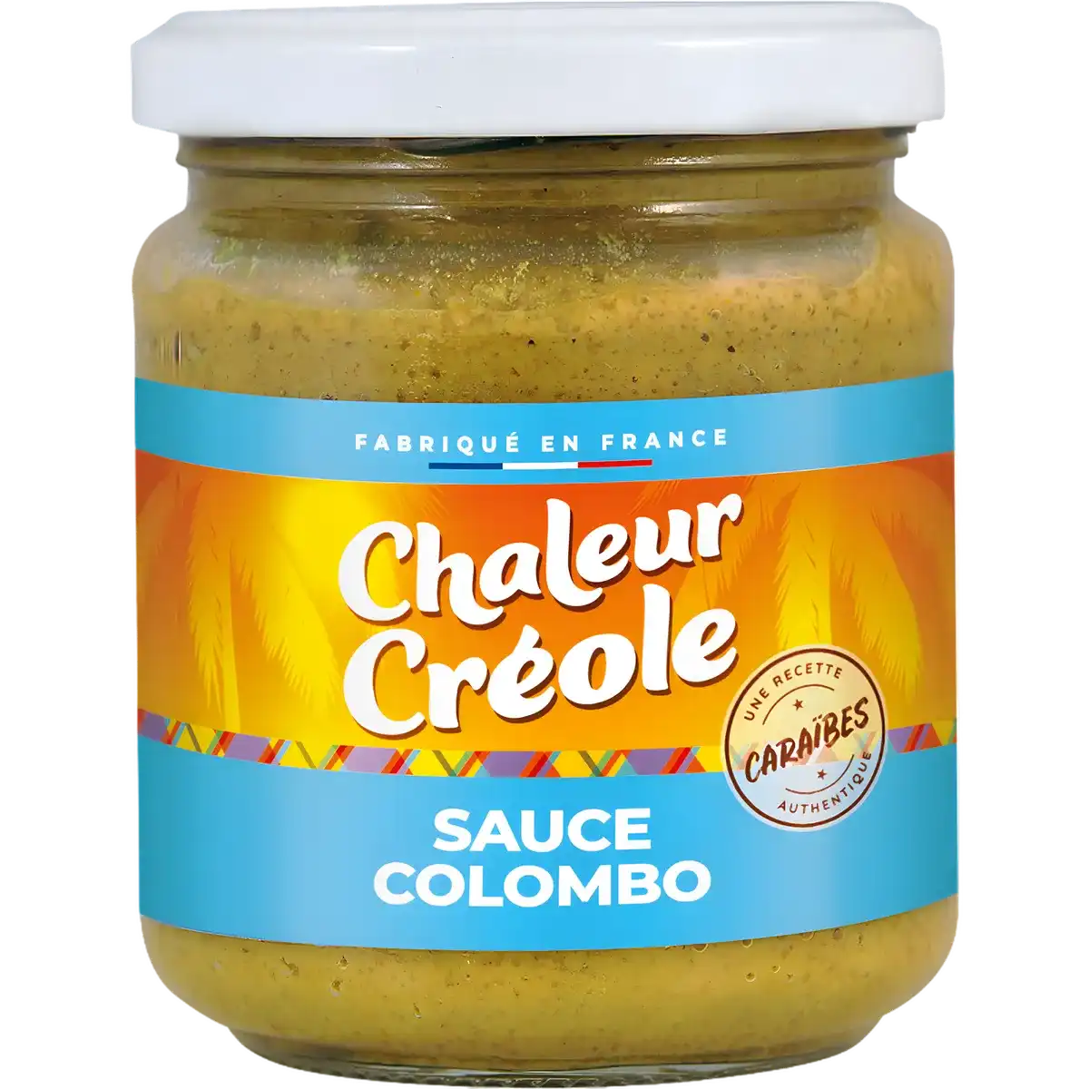 Pot de sauce colombo CHALEUR CREOLE aux épices créoles, étiquette colorée bleu et orange. Produit d'épicerie salée pour plats exotiques.