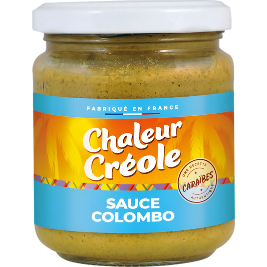 Pot de sauce colombo CHALEUR CREOLE aux épices créoles, étiquette colorée, idéal pour plats de viande, poisson ou légumes exotiques.