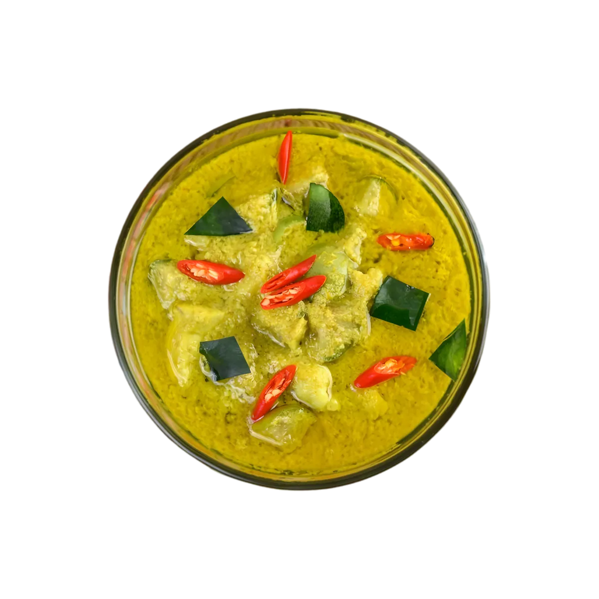Vue du dessus d'une sauce colombo CHALEUR CREOLE avec morceaux de légumes, piment rouge et feuilles, parfaite pour cuisine antillaise.