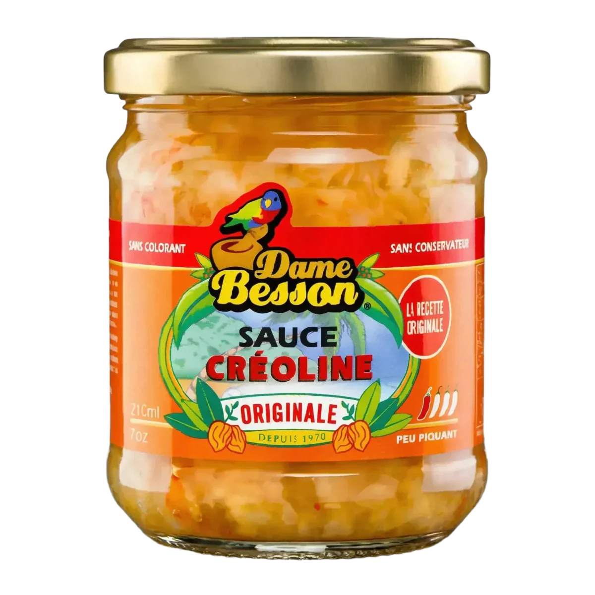 Pot Creoolse saus DAME BESSON. Creoolse saus in pot, met kleurrijk logo, op zwarte achtergrond.