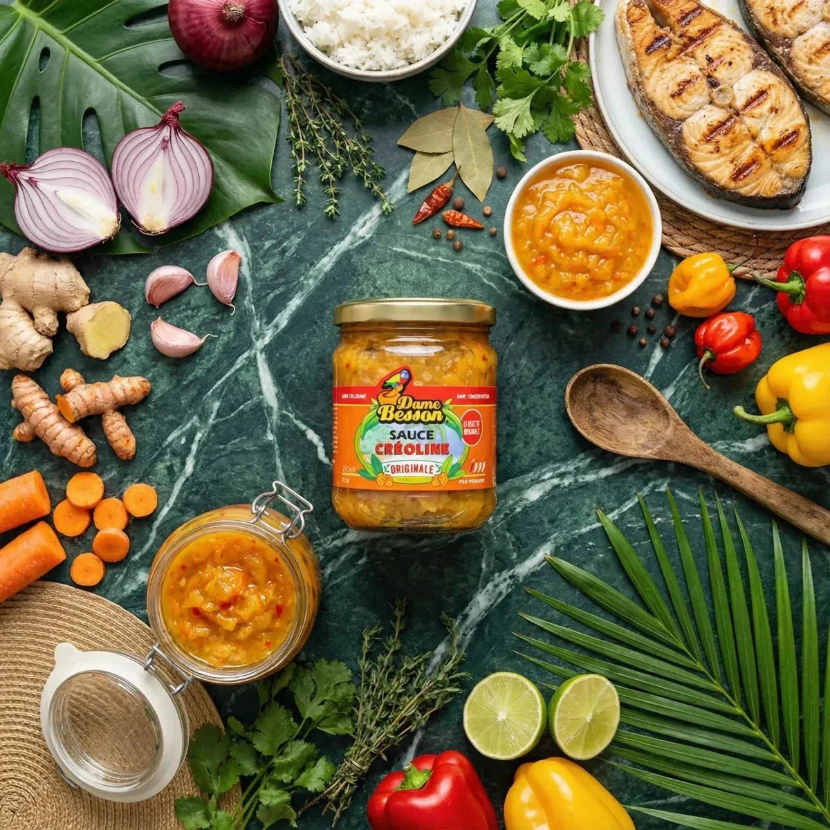 Creole sauce DAME BESSON surrounded by fresh ingredients: fish, vegetables, herbs.