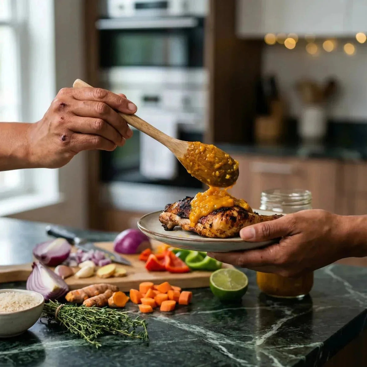 Preparation with DAME BESSON Creole Sauce. Two hands are coating a grilled chicken.