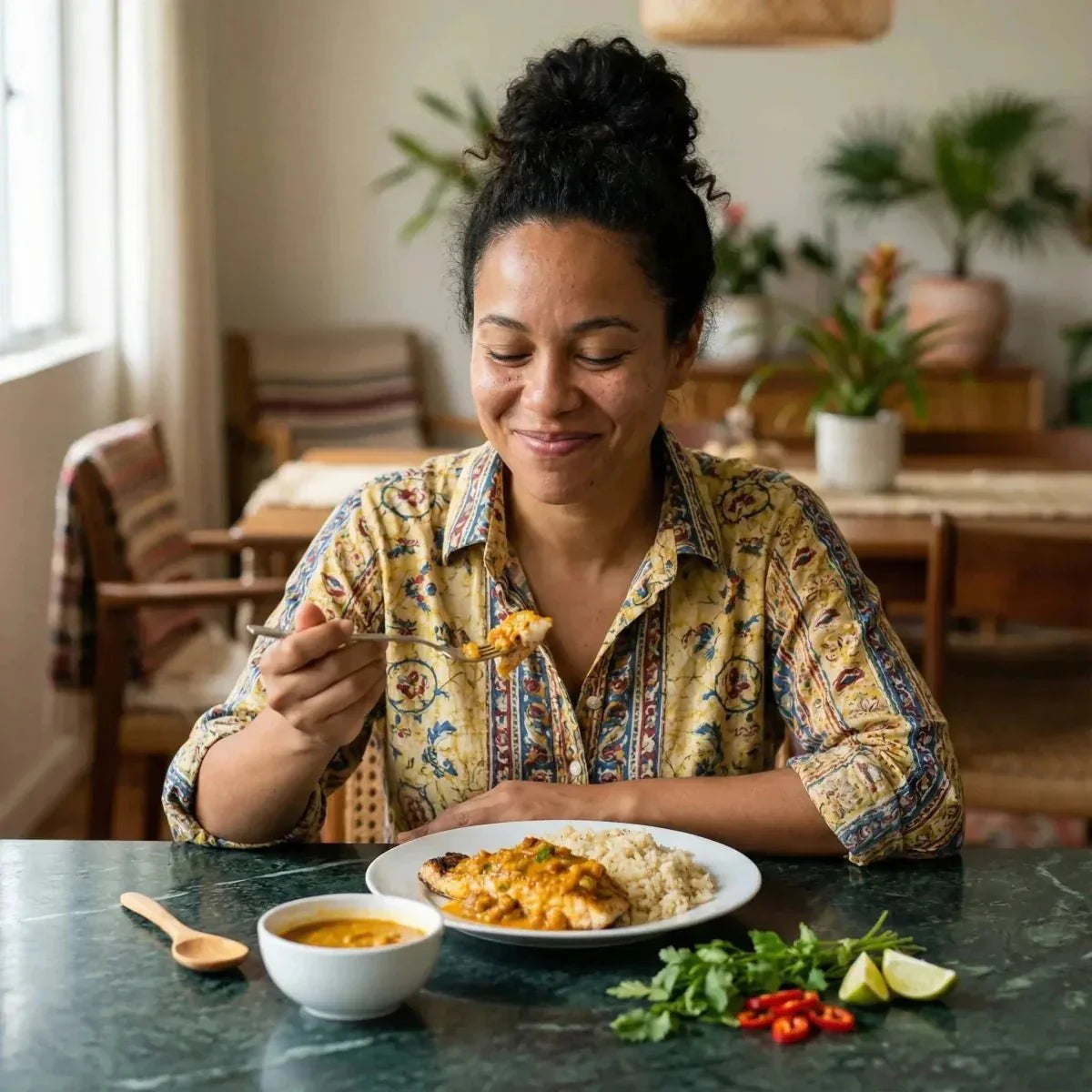 A woman enjoys a dish with DAME BESSON Creole sauce (500g). Appetizing culinary scene.